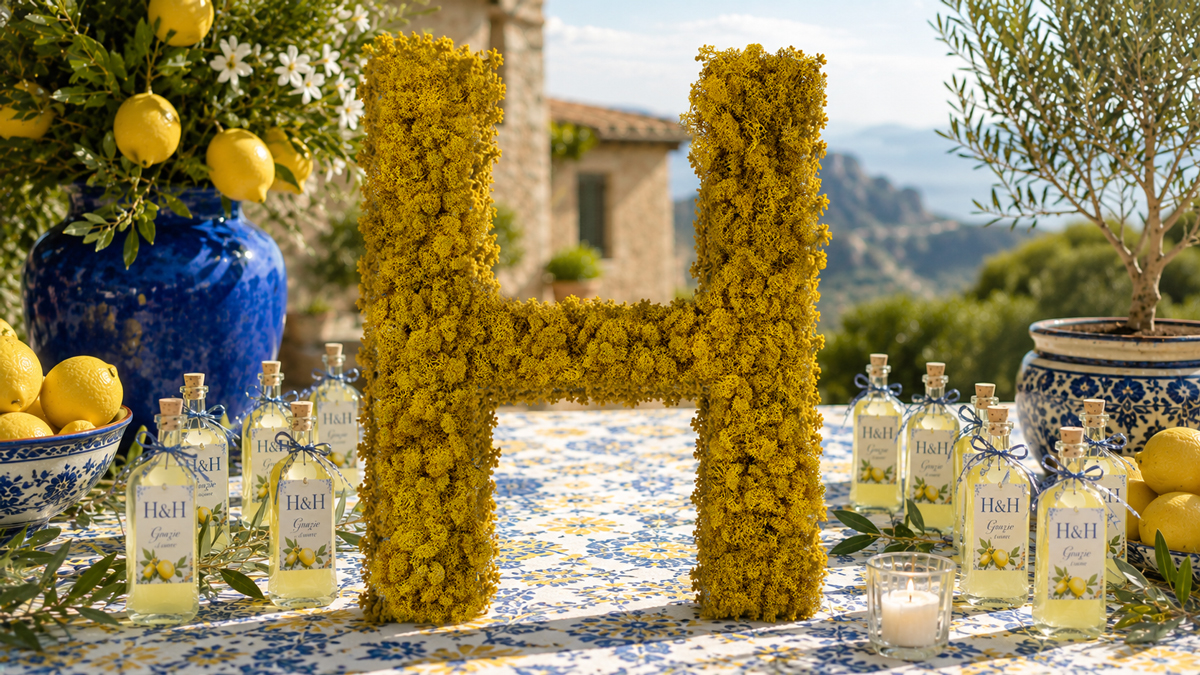 Une grande lettre H recouverte de lichen stabilisé jaune, sur une table décorée dans l'esprit 